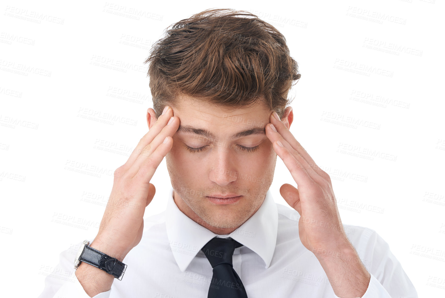 Buy stock photo Businessman, hands and temple headache or pain in studio as corporate lawyer or burnout, fatigue or migraine. Male person, stress and brain fog or white background for overtime, vertigo or mockup