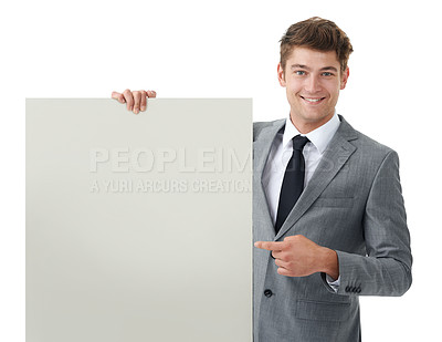 Buy stock photo Portrait, employee and man with a poster, pointing and feedback isolated on white studio background. Option, promotion or model with blank card or mockup space with consultant, review or announcement
