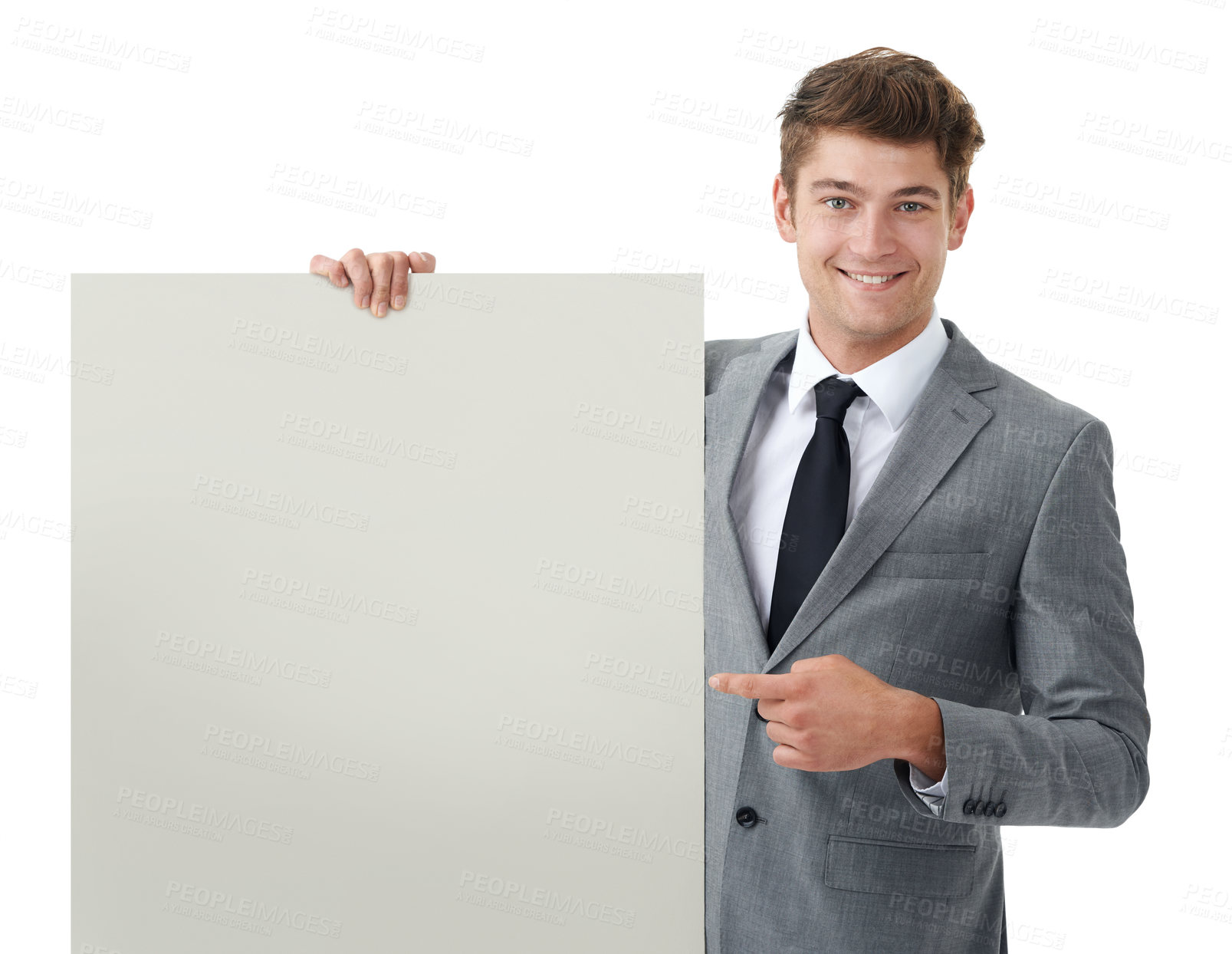 Buy stock photo Portrait, employee and man with a poster, pointing and feedback isolated on white studio background. Option, promotion or model with blank card or mockup space with consultant, review or announcement