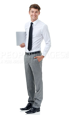 Buy stock photo A young businessman holding a laptop
