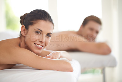 Buy stock photo Happy, portrait and couple on table in spa to relax with luxury treatment for wellness on holiday or vacation. Beauty, care and people together in hotel or resort for healthy facial or skincare