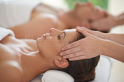 Buy stock photo Massage, head and couple in spa to relax with luxury treatment for wellness on holiday or vacation. Beauty, care and calm people together in hotel, salon or resort for healthy facial or skincare