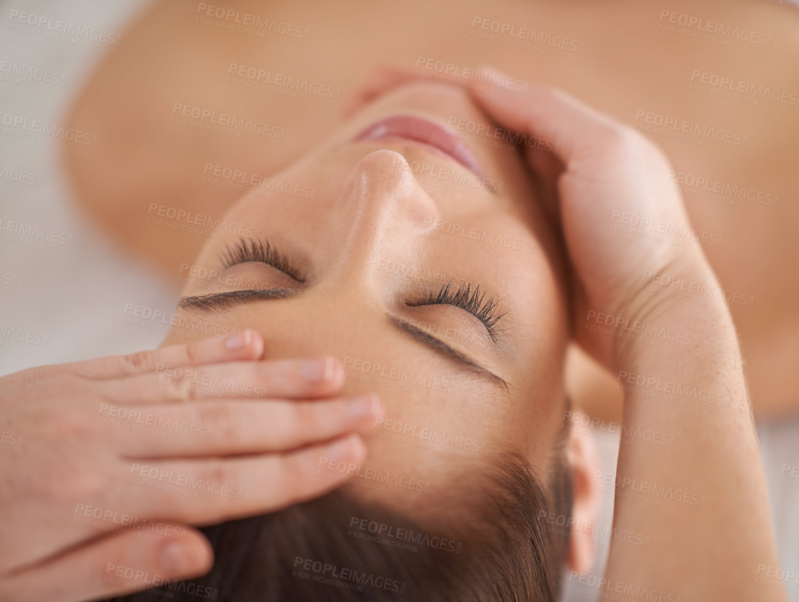Buy stock photo Hands, face and massage woman at spa to relax, wellness and calm at luxury resort for acupressure therapy with masseuse. Closeup, head and person at salon for facial treatment, skincare and beauty
