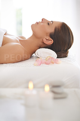 Buy stock photo A beautiful young woman relaxing at a spa