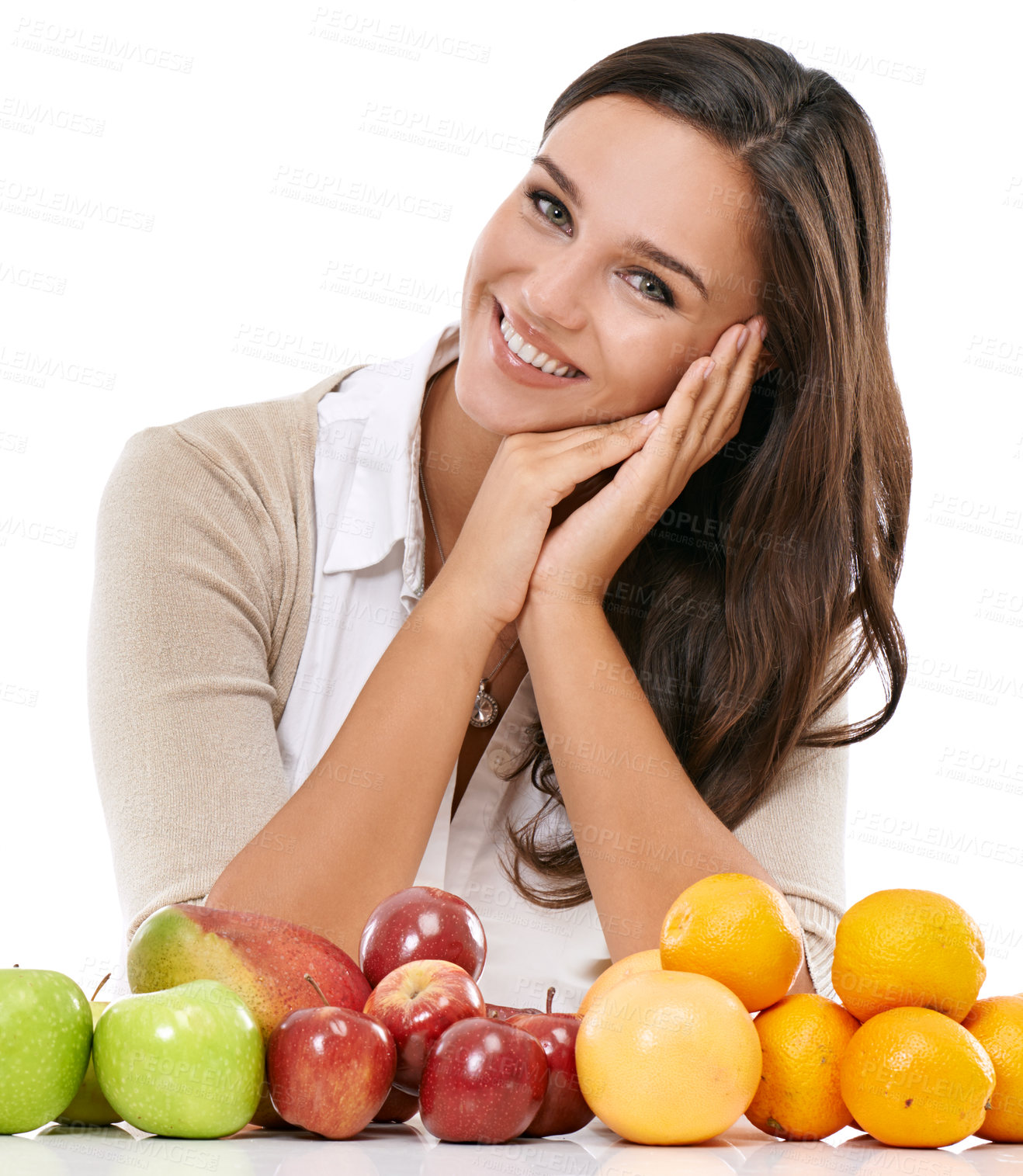 Buy stock photo Woman, smile portrait and fruit breakfast for nutrition, healthy diet and vitamins motivation in studio. Person, happy face and food nutritionist, natural fibre and organic food for body healthcare