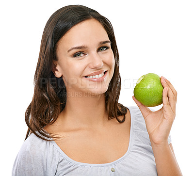 Buy stock photo Health, apple and smile with portrait of woman for nutrition, diet and weight loss choice. Fiber, food and vitamins with isolated face of girl eating fruit for wellness, organic and natural in studio