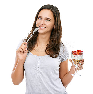 Buy stock photo Woman, portrait and eating dessert food in studio with strawberry fruit and yogurt for breakfast or healthy snack. Face of a female model isolated on a white background for nutrion, diet and wellness