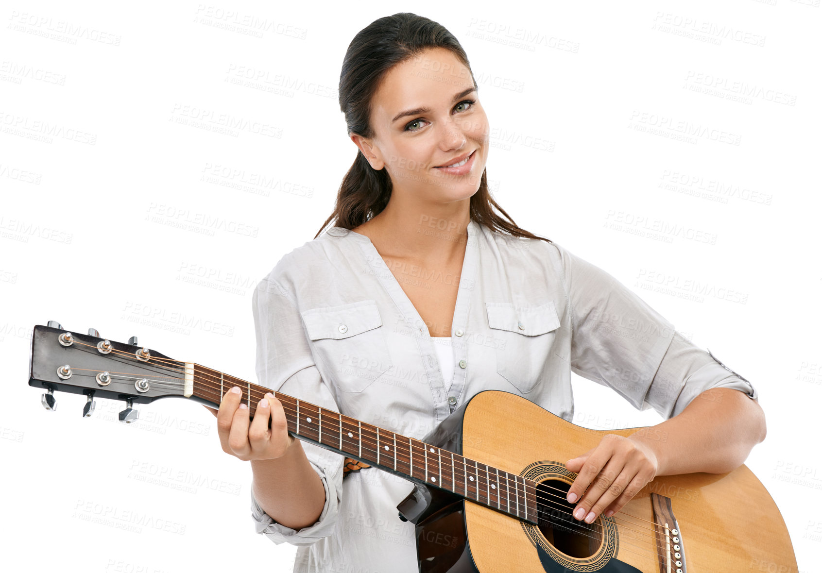 Buy stock photo Music, art and portrait of woman with guitar and smile playing song, isolated on white background. Talent inspiration and creative concert practice, acoustic guitar playing and happy woman in studio.