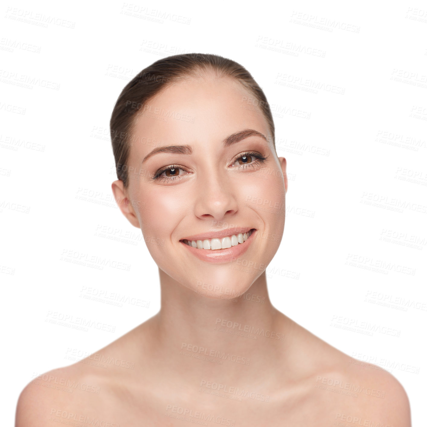 Buy stock photo Portrait, smile and woman with beauty, dermatology and confident model isolated against white studio background. Face, female person and girl with happiness, salon treatment and luxury with cosmetics