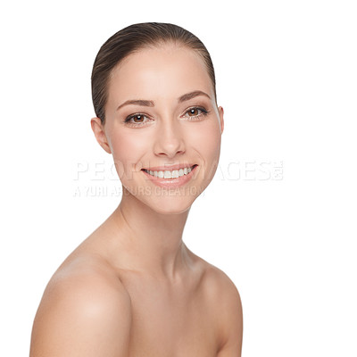 Buy stock photo Studio portrait of an attractive brunette model smiling at the camera