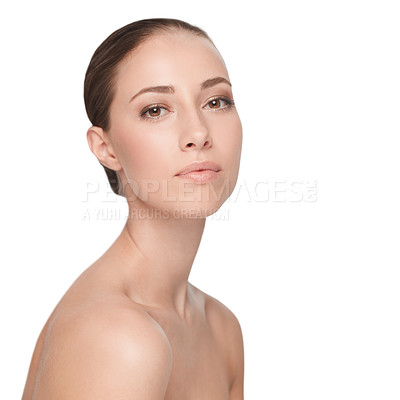 Buy stock photo Portrait, natural beauty and serious woman, glow and mockup isolated on a white studio background. Face, shine and young model in cosmetics, dermatology and spa facial treatment for healthy skincare