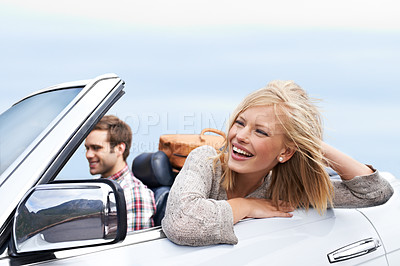 Buy stock photo Happy, travel and couple in car for transportation on adventure, holiday or vacation with suitcases. Smile, love and young man and woman driving in vehicle for weekend road trip journey together.