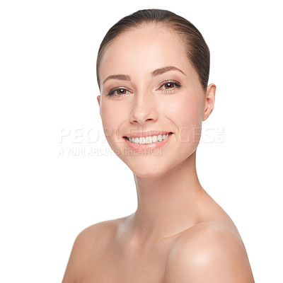 Buy stock photo Portrait, beauty and woman with luxury, cosmetics and confident girl isolated against a white studio background. Face, female person and model with self care, bare and dermatology with healthy skin