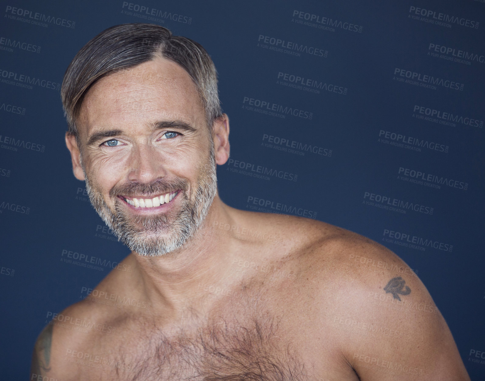 Buy stock photo Portrait, smile and skincare of senior man in studio isolated on a black background. Face, mature or model with natural beauty cosmetics after facial treatment for aesthetic, wellness or healthy skin