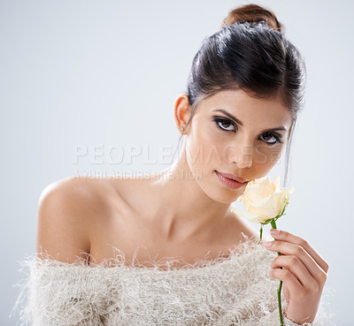 Buy stock photo Woman. rose and fashion in studio portrait, luxury makeup and cosmetic aesthetic on white background. Female person, skin care and flower for organic beauty, confidence and plant based products