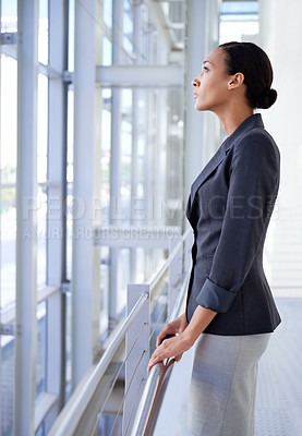 Buy stock photo Thinking, ideas or profile of businesswoman by window for development project mission or problem solving. Dream, vision or entrepreneur with plan for future goal, inspiration or solution by glass