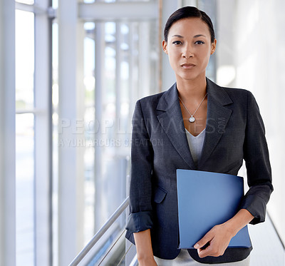 Buy stock photo Office, portfolio or portrait of lawyer with confidence, documents or report in law firm company. Advocate, businesswoman or file with attorney, legal advisor or worker for financial paperwork audit