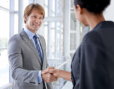 Buy stock photo Happy businessman, partnership or shaking hands for deal, recruitment or collaboration or teamwork. Handshake, greeting or employees in corporate agreement for meeting success, welcome or thank you