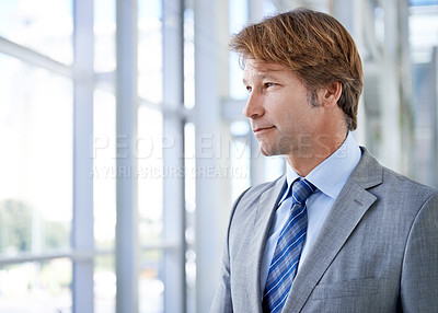 Buy stock photo Thinking, ideas or confident businessman by window for development project mission or problem solving. Dream, vision or male entrepreneur with plan for future goal, inspiration or solution by glass