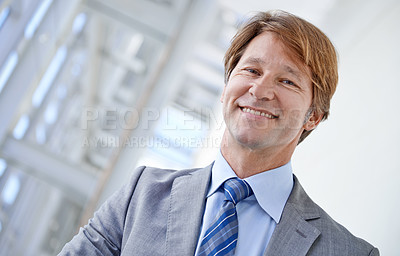Buy stock photo Businessman, portrait and finance career closeup in office with happy for professional, job and corporate company. Person, employee and work as financial consultant, smiling and face in workplace
