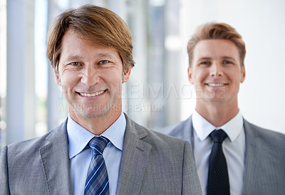 Buy stock photo Happy, team or portrait of business people with confidence, suit or employee in a corporate company. Boss, attorney or proud manager with leadership, lawyers or worker in office with legal advisor 