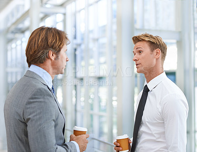 Buy stock photo Men, colleagues and business discussion or coffee in office as law attorneys for collaboration, teamwork or professional. Male people, caffeine and talk for corporate planning, project or networking
