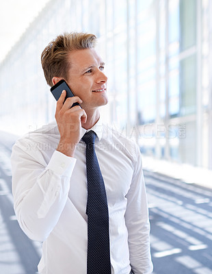 Buy stock photo Thinking, deal or happy businessman on a phone call talking, networking or speaking in office. Smile, mobile communication chat or proud entrepreneur in conversation, discussion or negotiation offer