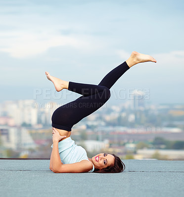 Buy stock photo Fitness, yoga and portrait of woman with cityscape, stretching legs and back for balance, smile and healthy body. Happiness, pilates and flexibility, workout and girl in city, sky or rooftop mockup.