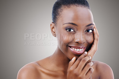 Buy stock photo Cosmetics, beauty and portrait of black woman on mockup with smile, natural makeup or facial. Skincare, dermatology or face of happy model girl on grey background space for skin glow, shine and salon