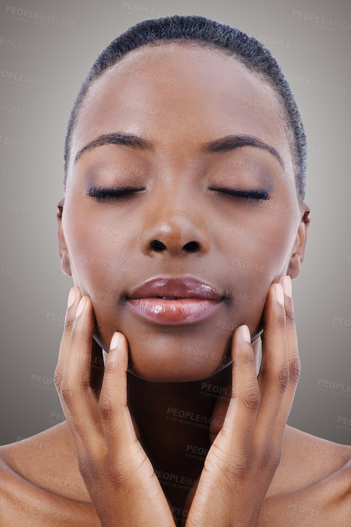 Buy stock photo Face, beauty and relax with natural black woman in studio on gray background or wellness aesthetic. Skincare, makeup and cosmetics with young person at spa for facial treatment or dermatology