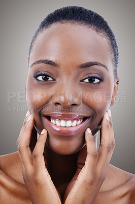 Buy stock photo Skincare, cosmetics and portrait of black woman in studio with smile, natural makeup or facial glow. Beauty, dermatology and face of happy girl on grey background for healthy skin, shine or wellness.