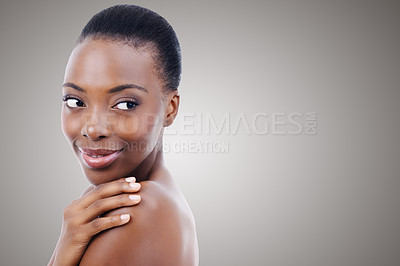 Buy stock photo Skincare, mock up and face of black woman in studio with smile, natural makeup and healthy glow. Cosmetics, dermatology and beauty model on grey background space for happy, shine or wellness.