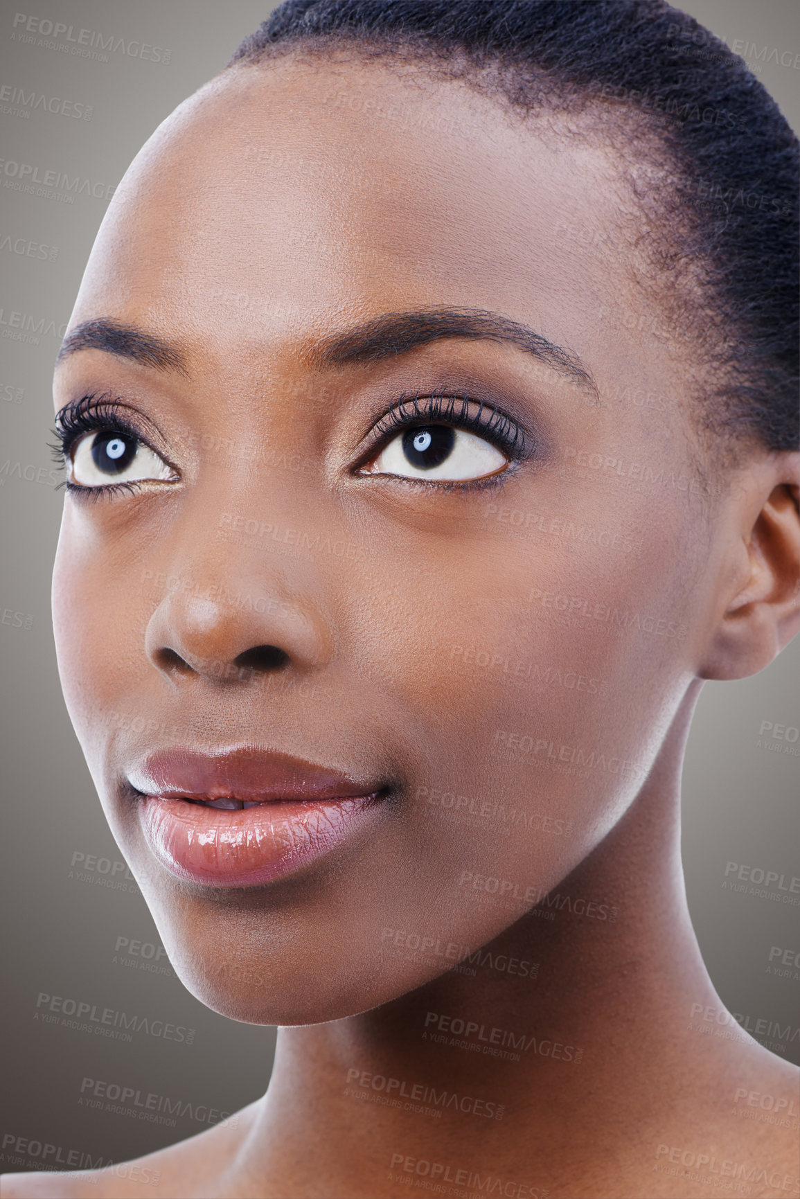 Buy stock photo Face, beauty and vision with aesthetic black woman in studio on gray background for wellness or relax. Skincare, makeup or cosmetology with confident young model at spa for natural dermatology