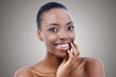 Buy stock photo Portrait, black woman and beauty from skincare and dermatology in studio, background or salon. Facial, glow and smile with natural makeup and healthy shine on skin from cosmetics and self care mockup