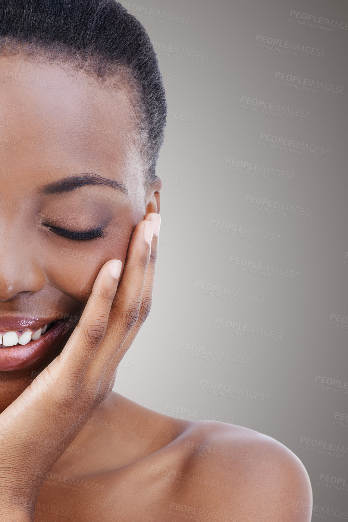 Buy stock photo Half, face and black woman closeup for beauty, nails and manicure in salon, background or mockup. Makeup, skincare and model with natural glow on skin and hands from cosmetics or dermatology facial