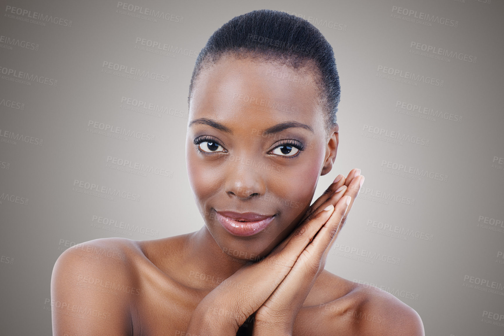 Buy stock photo Woman, portrait and beauty with skincare in studio or dermatology treatment, wellness or grey background. Black person, model and face with mockup space for cosmetic health or makeup, shine or Kenya