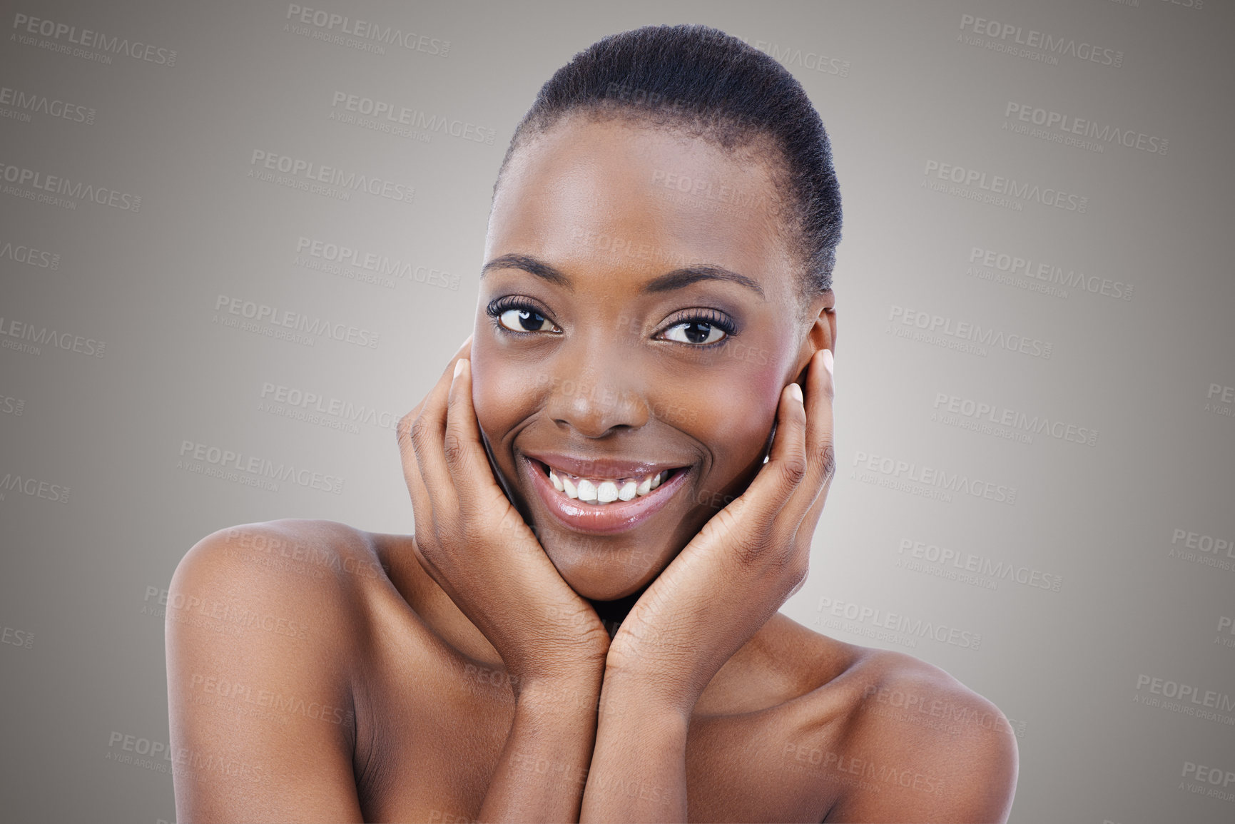 Buy stock photo Skincare, mockup or hands on face of black woman in studio for wellness or glowing skin on grey background. Natural, beauty or portrait of female model happy with dermatology, shine or cosmetics