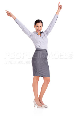 Buy stock photo Businesswoman, portrait and celebration with confidence as professional lawyer for achievement, winning or promotion. Female person, happy and studio or white background for pride, goals or mockup