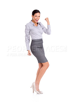 Buy stock photo Businesswoman, portrait and celebrate hand gesture in studio for lawyer achievement for winning, promotion or goal. Female person, face and white background or mockup for career, victory or pride