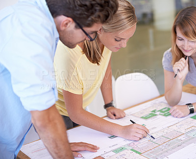 Buy stock photo Architecture, planning and team in office with blueprint, workshop and project management meeting. Engineering, collaboration and business people together in for remodeling, upgrade and building plan
