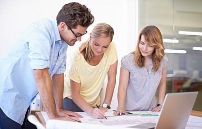 Buy stock photo Architecture, blueprint and team in office with laptop, strategy and project management meeting. Engineering, floor plan and business people together in collaboration for remodeling, upgrade and idea