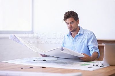 Buy stock photo Architect, contractor or man in office with blueprint, thinking and reading paper for renovation. Designer, engineer or creative developer at desk with building plan, remodeling or property upgrade.