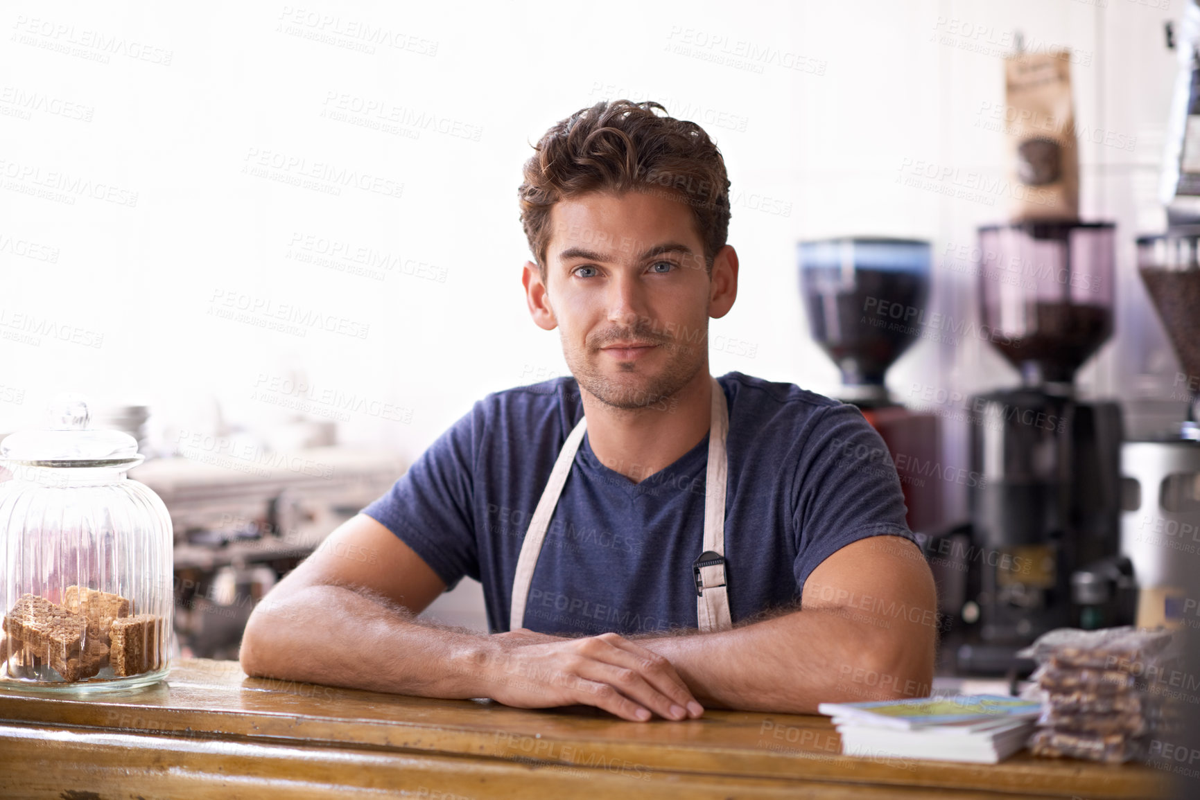 Buy stock photo Man, barista and portrait in coffee shop, counter and working in restaurant or small business. Male person, entrepreneur and professional in bistro, confidence and pride in career and hospitality