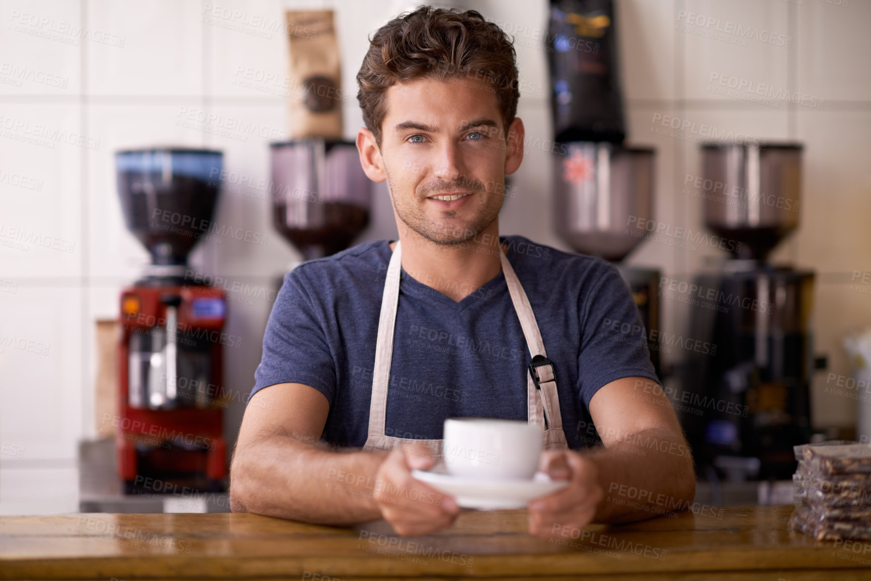 Buy stock photo Man, barista and cup in coffee shop, portrait and working in restaurant or small business. Male person, entrepreneur and caffeine expertise in bistro, confidence and pride in career and hospitality