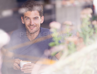 Buy stock photo Man, portrait and drinking tea in coffee shop, window and hot beverage for inspiration in cafe. Happy male person, smile and relaxing in restaurant with espresso, smiling and comfortable on weekend