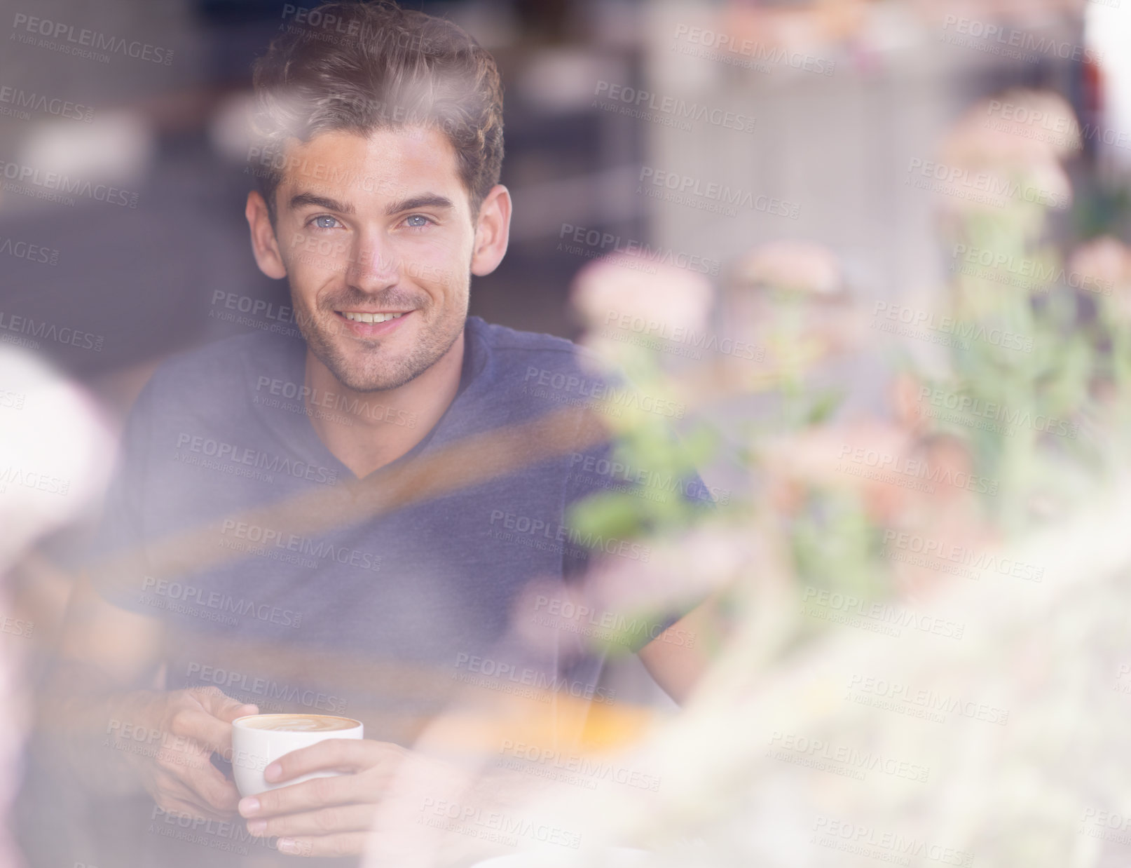 Buy stock photo Man, portrait and drinking tea in coffee shop, window and hot beverage for inspiration in cafe. Happy male person, smile and relaxing in restaurant with espresso, smiling and comfortable on weekend