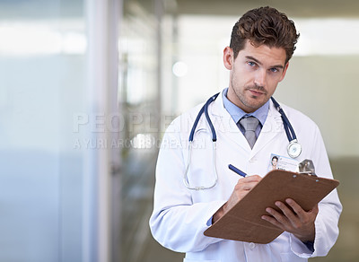 Buy stock photo Portrait, clipboard and doctor in hospital for medical research information for diagnosis or treatment. Checklist, professional and male healthcare worker with documents or notes in medicare clinic. 