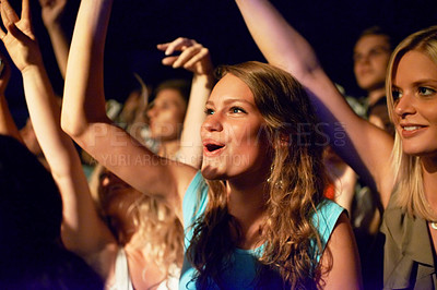 Buy stock photo Attractive female fans enjoying a concert- This concert was created for the sole purpose of this photo shoot, featuring 300 models and 3 live bands. All people in this shoot are model released