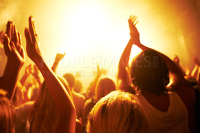 Buy stock photo Rear view of a crowd dancing at a music concert- This concert was created for the sole purpose of this photo shoot, featuring 300 models and 3 live bands. All people in this shoot are model released