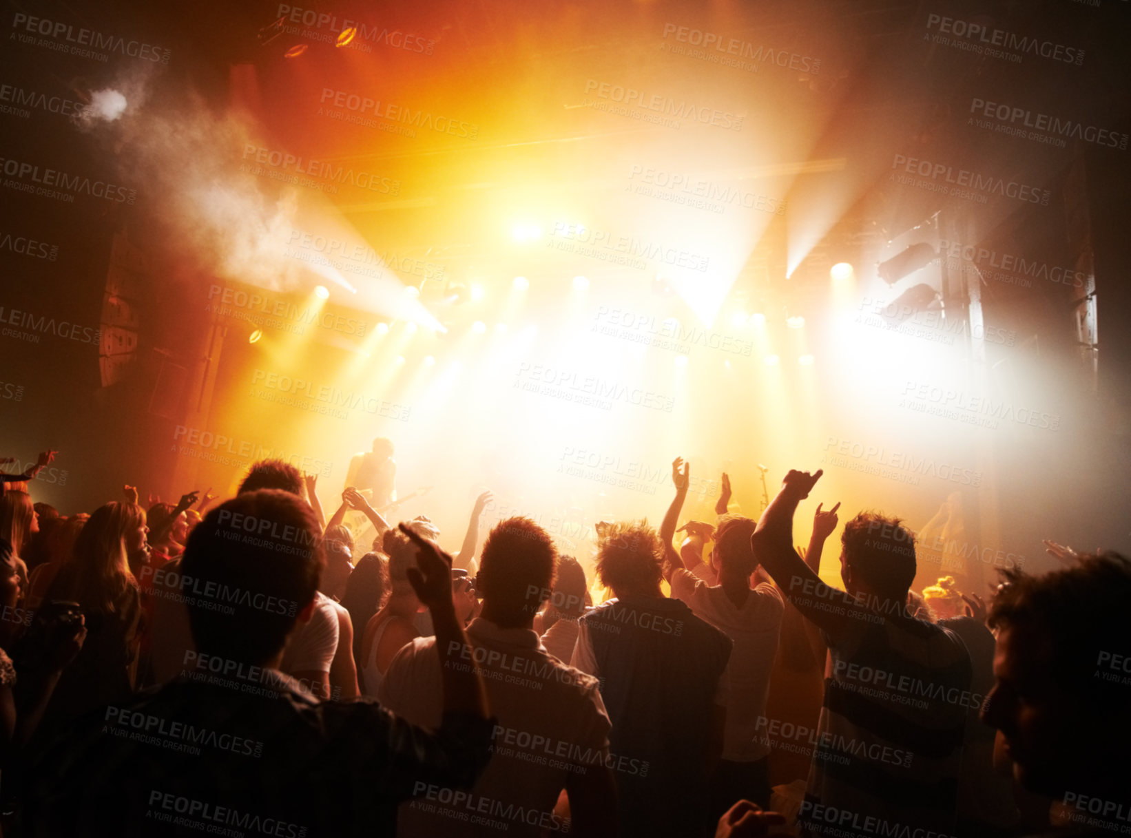 Buy stock photo Music concert, band or silhouette audience with music, rock and live performance, energy and festival with men or women. People, dance or lights at musical event, crowd or dancing to audio with stage